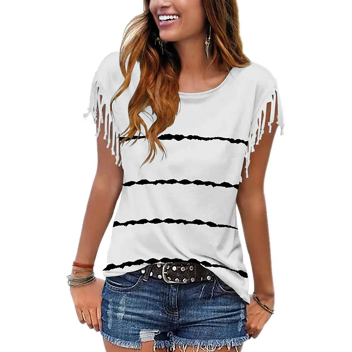 BURNT FLOWER FRINGE SHORT-SLEEVED BLOUSE_CWTBLSL0340 Slim Fit Design