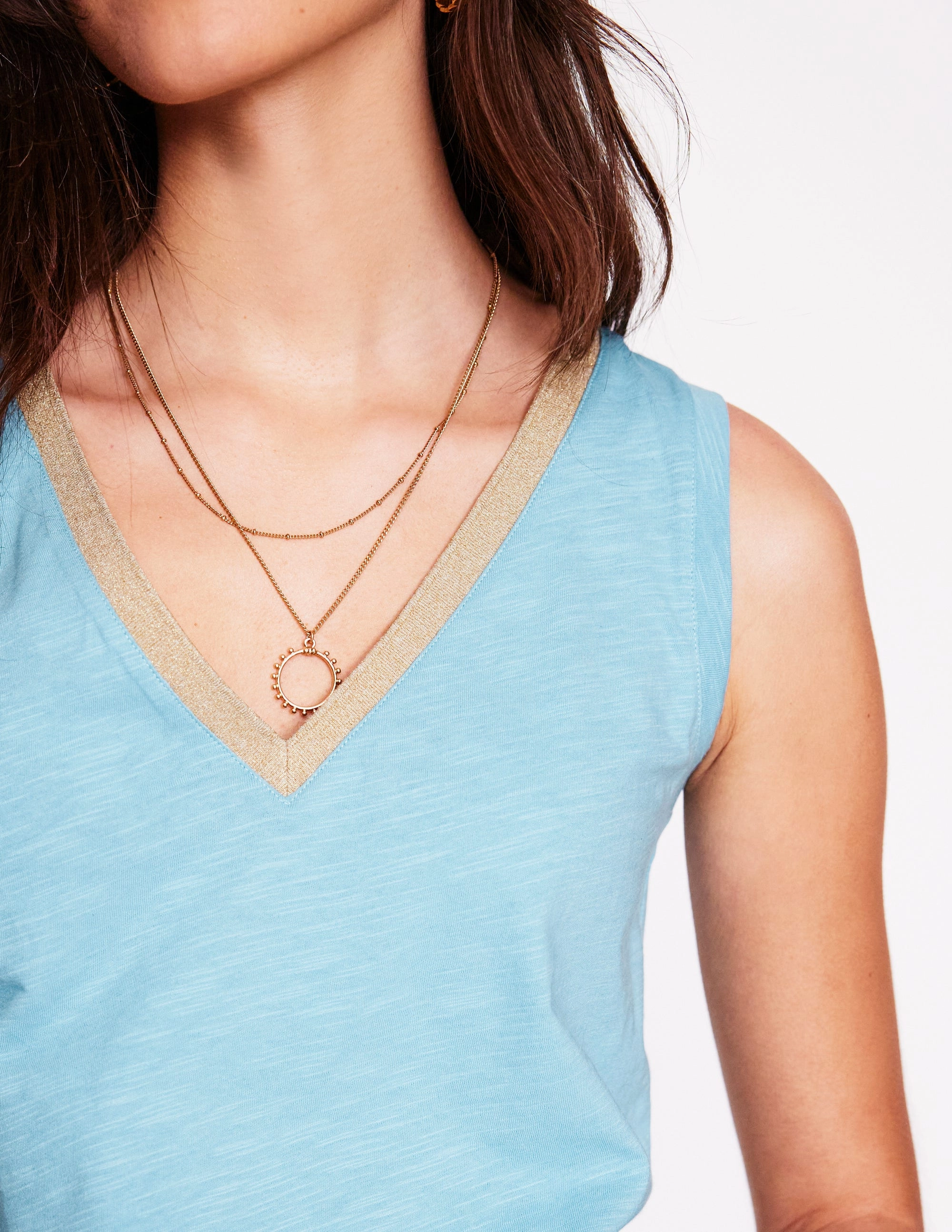 Metallic Trim V Neck Vest-Soft Blue Convertible Sleeve Adaptation