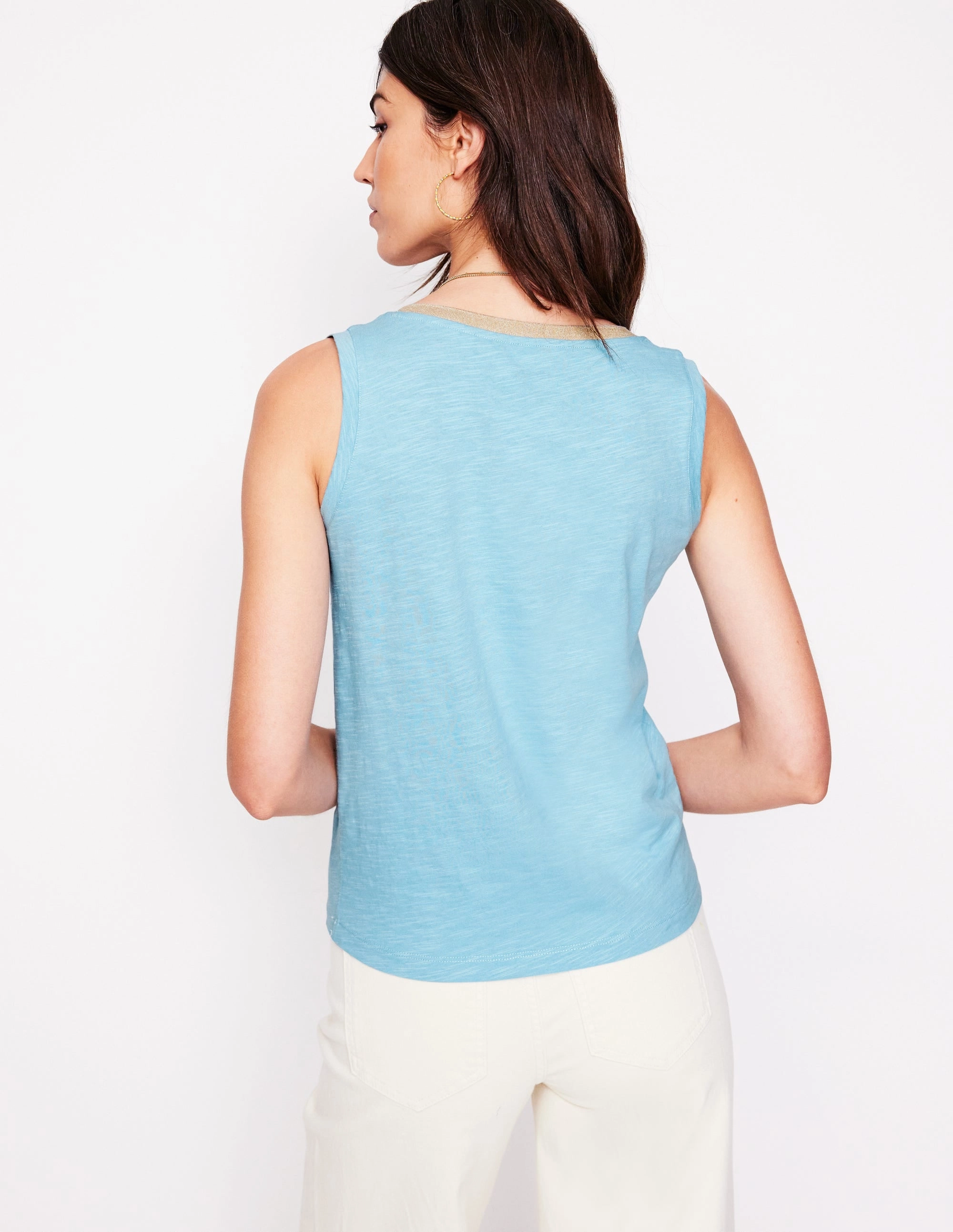 Wide Shoulder Cut Elasticated Trim Metallic Trim V Neck Vest-Soft Blue