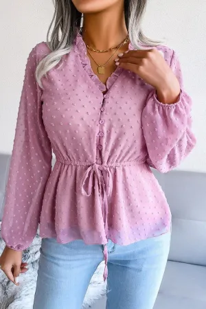 LANTERN SLEEVE RUFFLED SWISS DOT CHIFFON TUNIC Bound Seam Edges MultiFunctional Pocket Placement