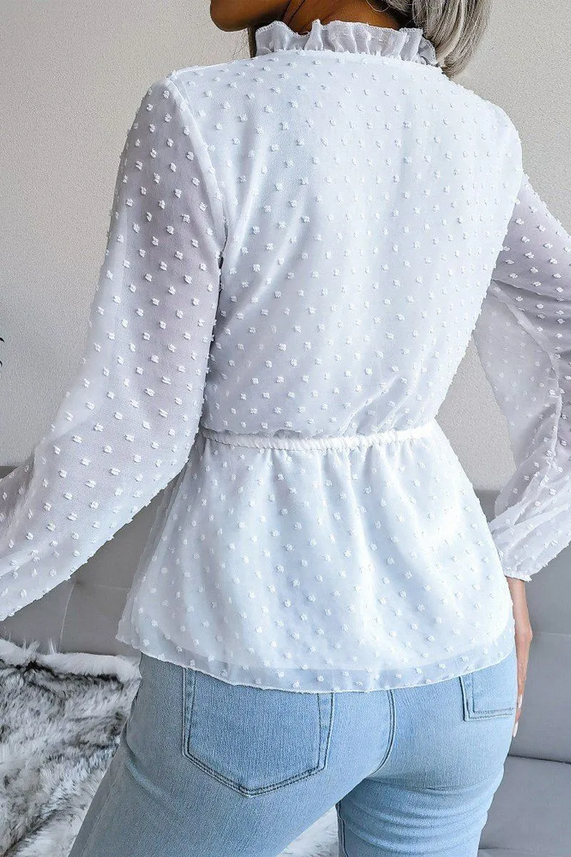 LANTERN SLEEVE RUFFLED SWISS DOT CHIFFON TUNIC Loose Sweater StretchComfortDesign
