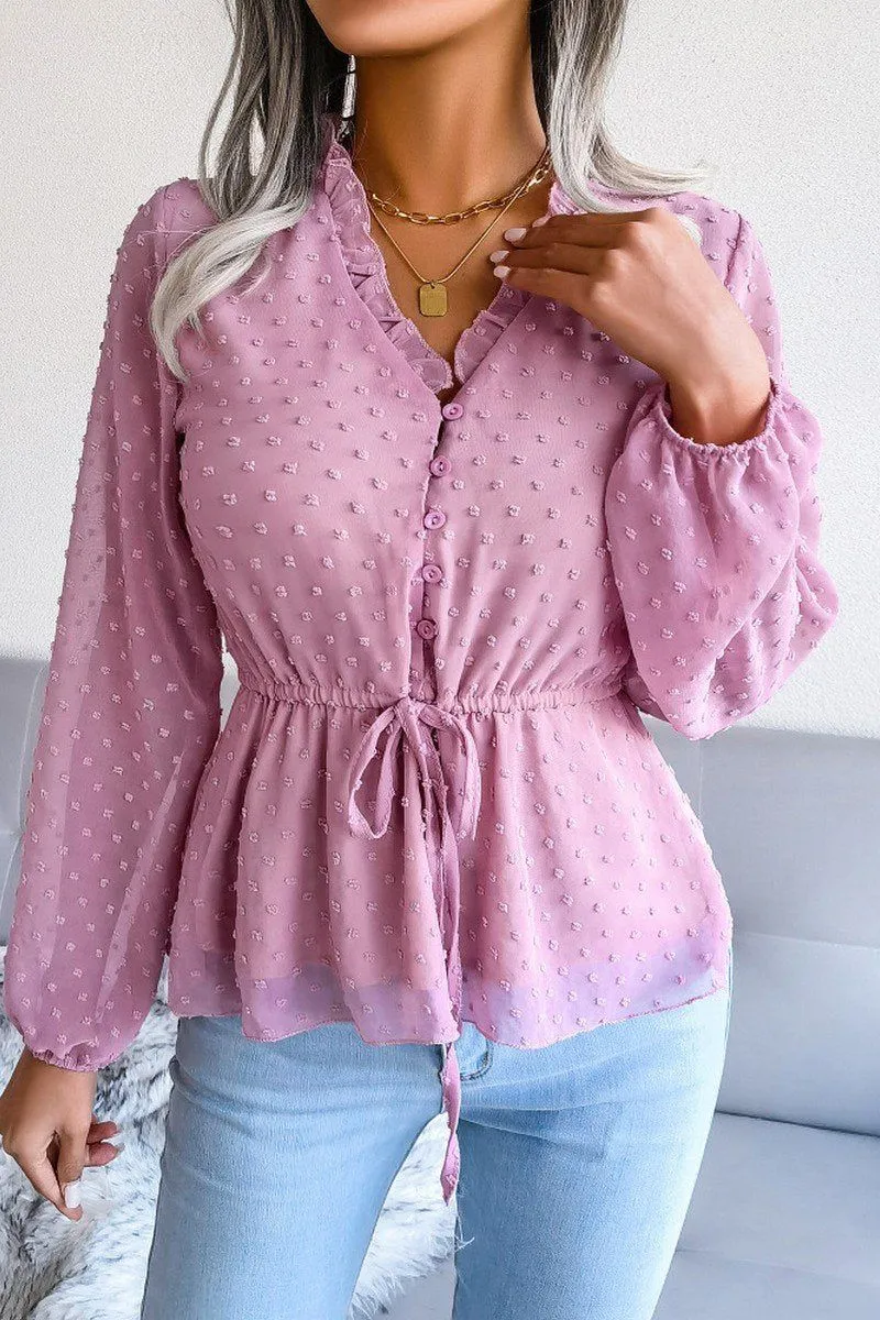 LANTERN SLEEVE RUFFLED SWISS DOT CHIFFON TUNIC Bound Seam Edges MultiFunctional Pocket Placement