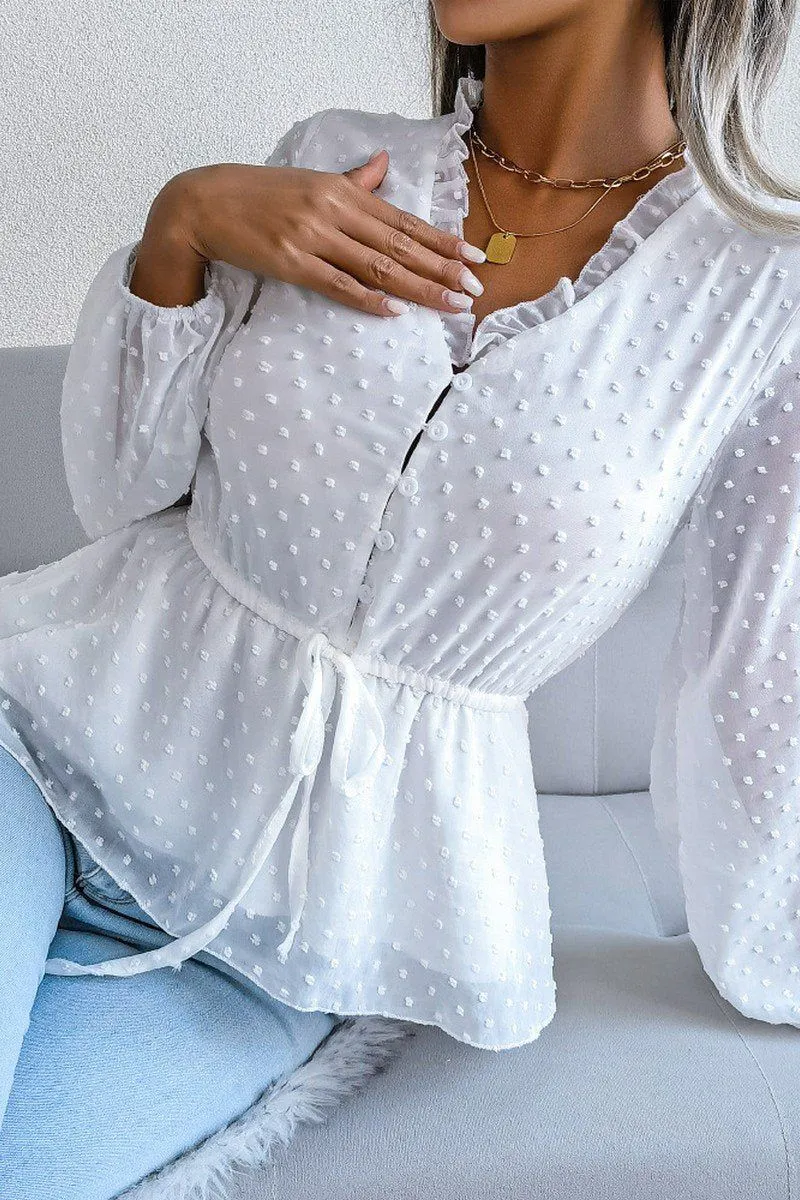 LANTERN SLEEVE RUFFLED SWISS DOT CHIFFON TUNIC Bluesign Approved Material LoopwheelFabric