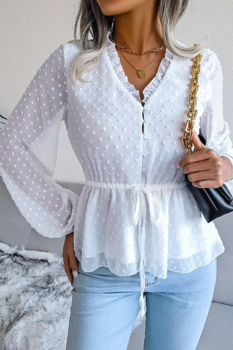 Soft Touch Blend LANTERN SLEEVE RUFFLED SWISS DOT CHIFFON TUNIC