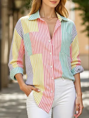 Foldable Cuff Design V-neck button-down striped cardigan
