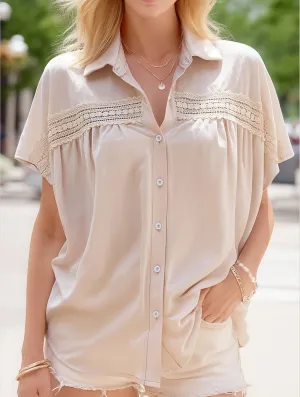 DurableZipper V-Neck Button Up Solid Color Lace Cutout Shirt ??Elegant & Stylish