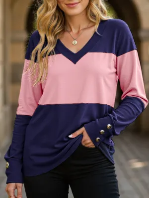 V-neck casual colorblock long-sleeved T-shirt Cozy Knit