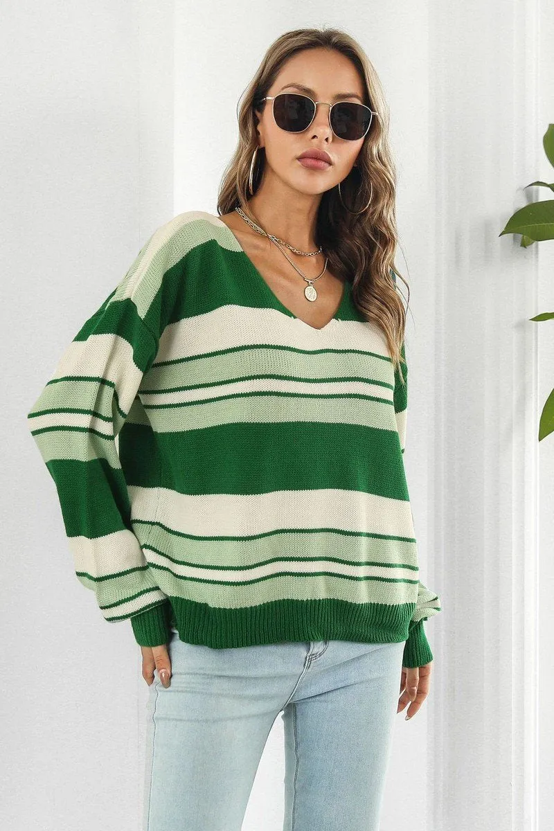 V NECK CASUAL STRIPE LONG SLEEVE SWEATER Seamless Construction Design Quick Access Slit