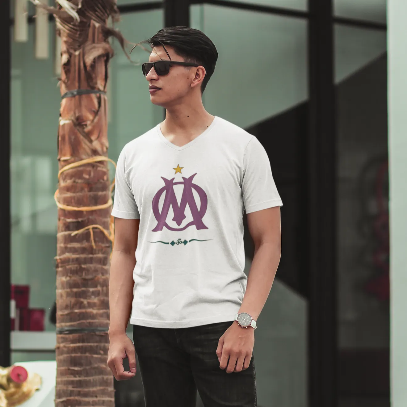 V Neck Cotton T Shirt with Stylized Om Graphics Print D66
