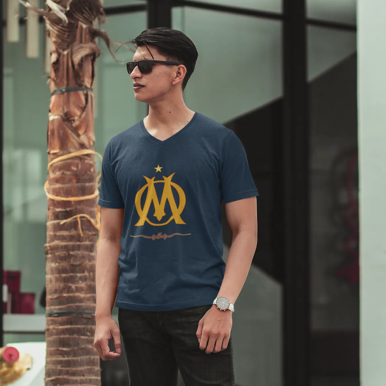 V Neck Cotton T Shirt with Stylized Om Graphics Print D66