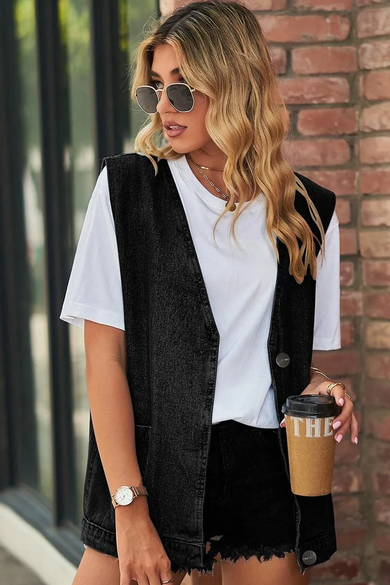 Classic Crew Neck YarnDye Technique V NECK FADED DENIM BUTTON UP POCKET VEST