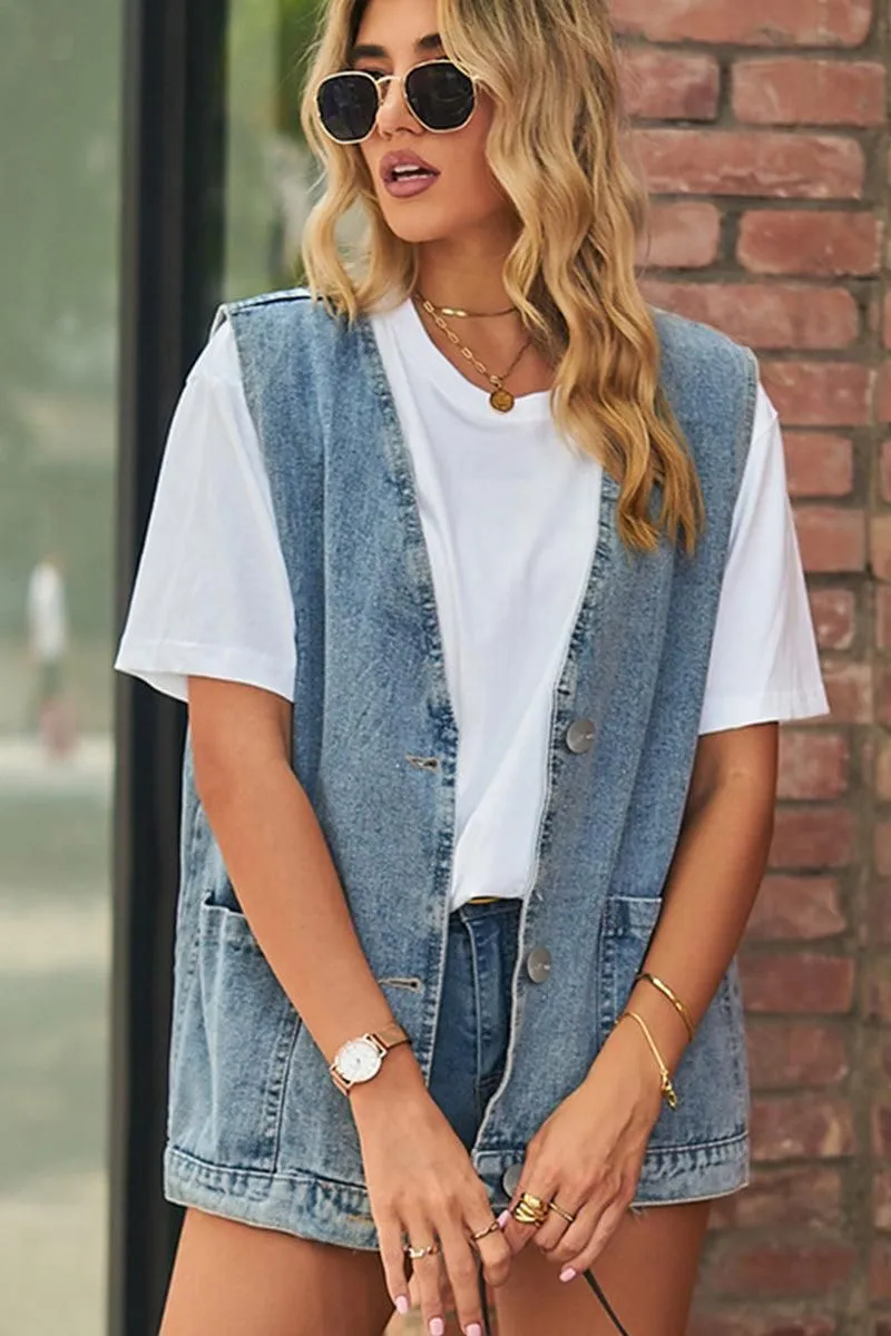 Reflective Trims V NECK FADED DENIM BUTTON UP POCKET VEST