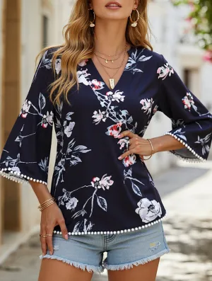 V-Neck Five Quarter Sleeve Printed Baggy Top ??Relaxed & Stylish Cool Weather Compression Fit Technology
