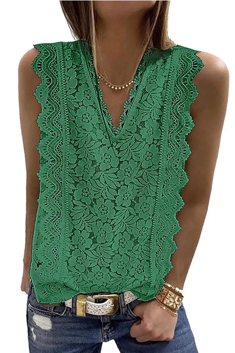 V NECK FLORAL LACE MESH SLEEVELESS TOP Simple Shirt