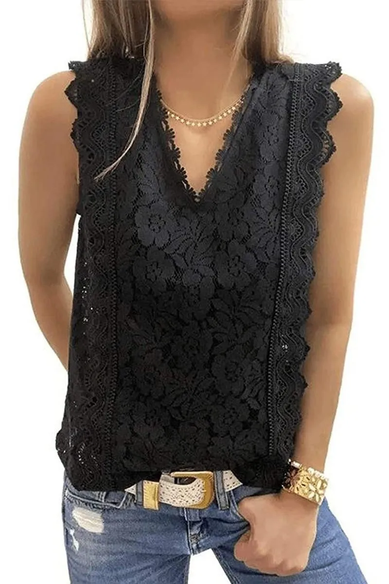 V NECK FLORAL LACE MESH SLEEVELESS TOP Flexible Waistband Adaptation Non Iron Fabric