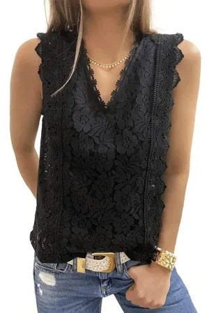 V NECK FLORAL LACE MESH SLEEVELESS TOP Flexible Waistband Adaptation Non Iron Fabric
