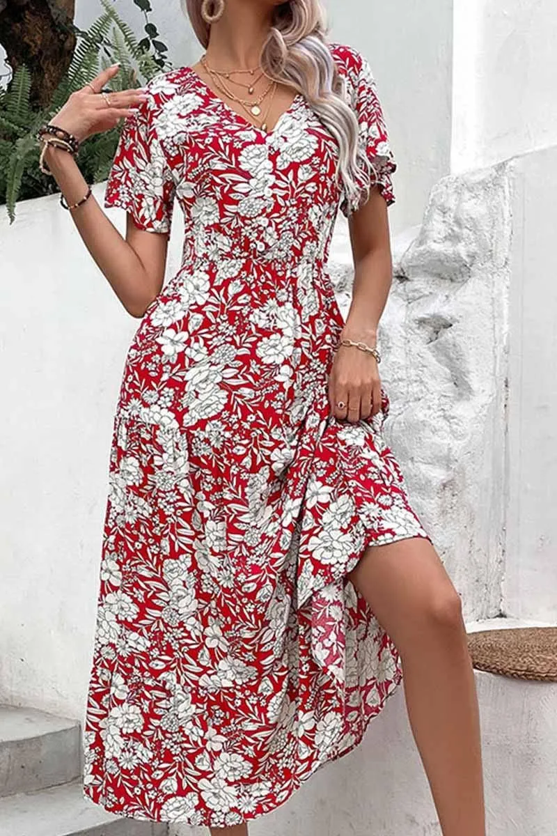 BiasCutSilhouette Workwear V NECK FLORAL PATTERN LONG DRESS