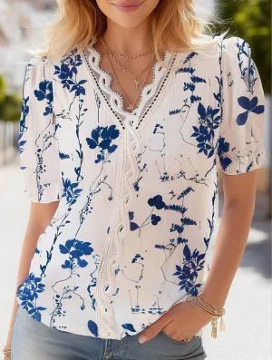 V-Neck Lace Patchwork Print Shirt ??Stylish & Versatile Women??s Top ribbed texture