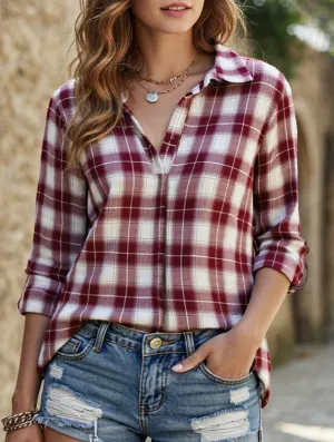 V-neck lapel loose-fitting women's plaid shirt AntiPilling Surface