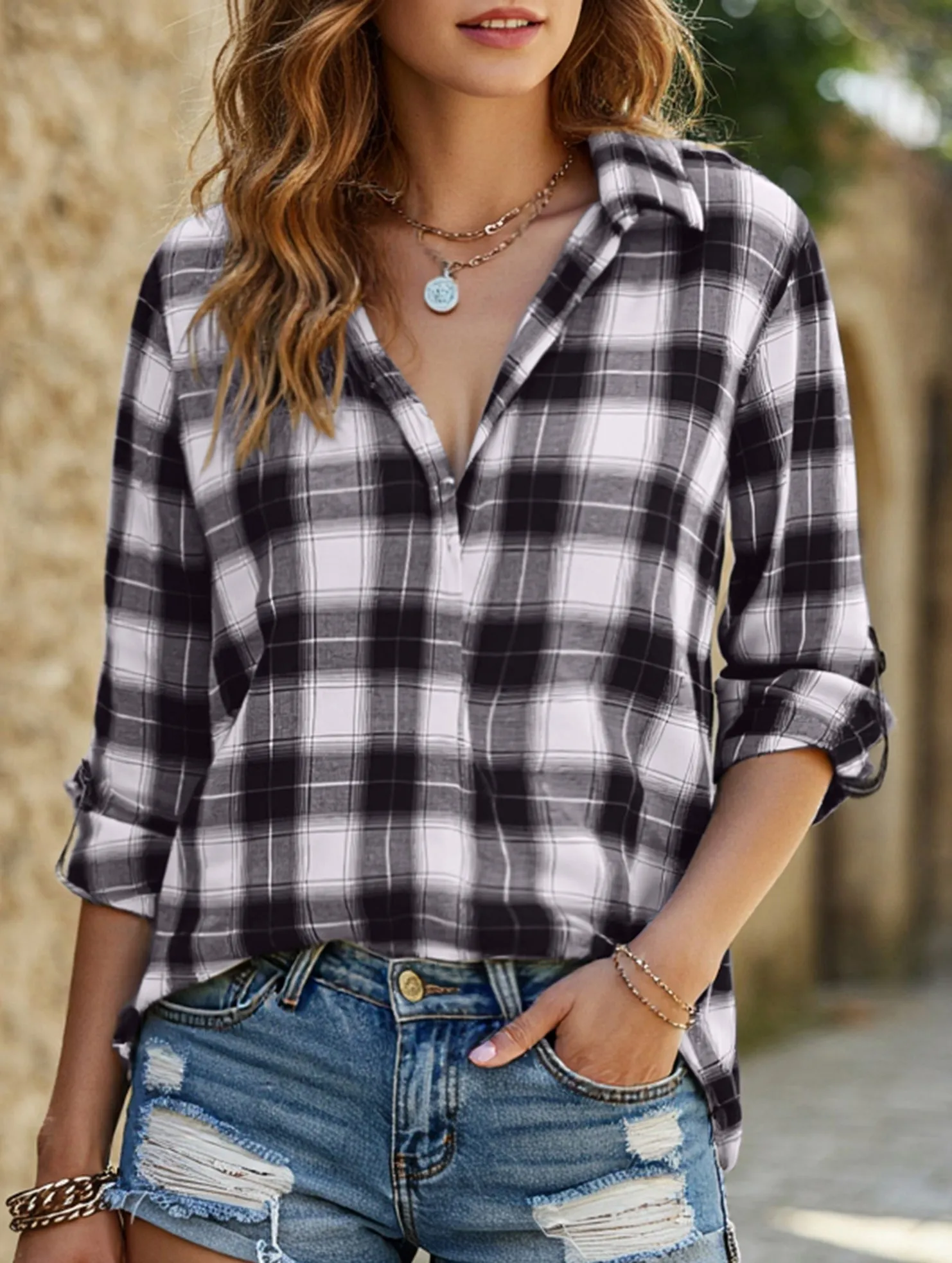 V-neck lapel loose-fitting women's plaid shirt Airflow Mesh Insert MidweightKnit