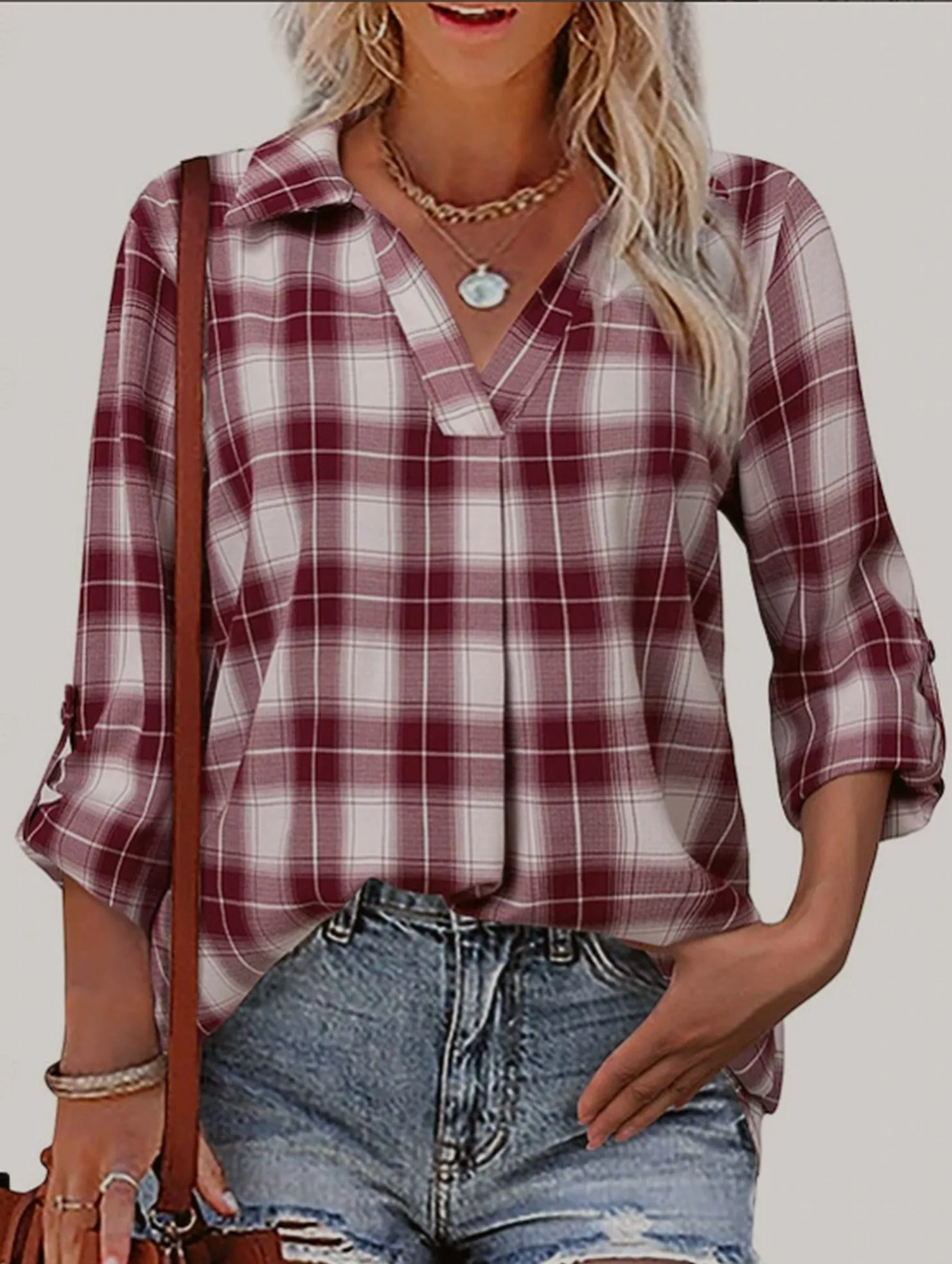 V-neck lapel loose-fitting women's plaid shirt DoubleStitched Construction Durable Reinforced Elbow Patches