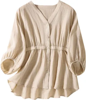 V Neck Linen Tshirts for Women Summer Fall 3/4 Dolman Sleeve Relaxed Fit Long Basic Tee Shirt Tops Women 2025 FN