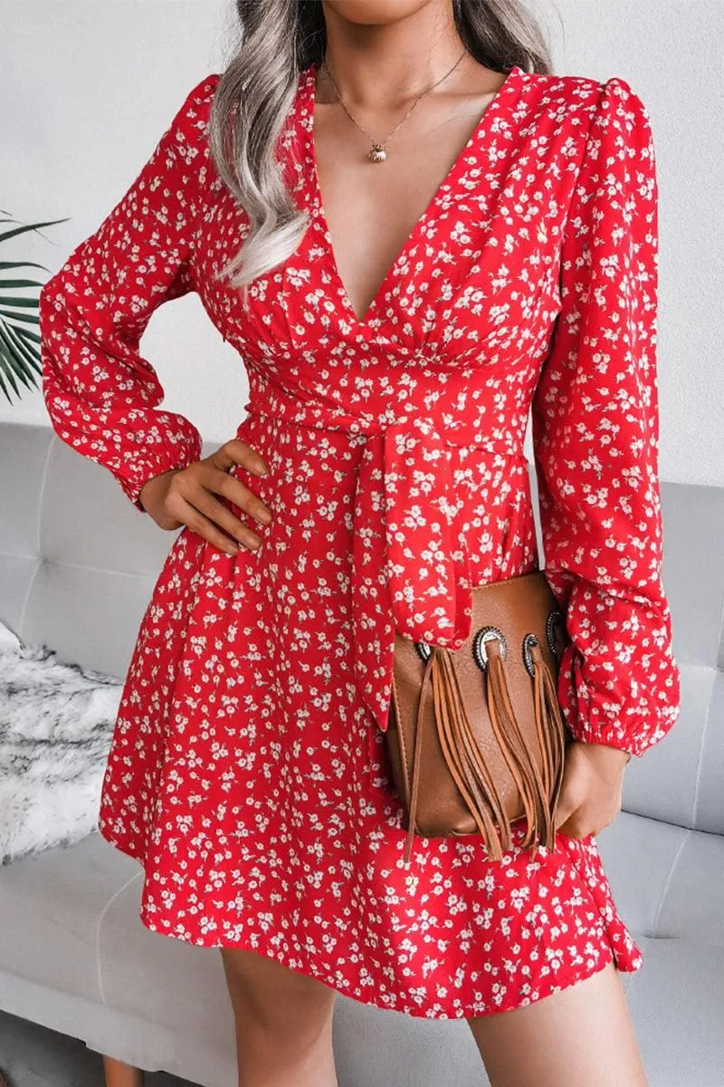 V NECK LONG SLEEVE FLORAL CHIFFON DRESS Cozy Touch