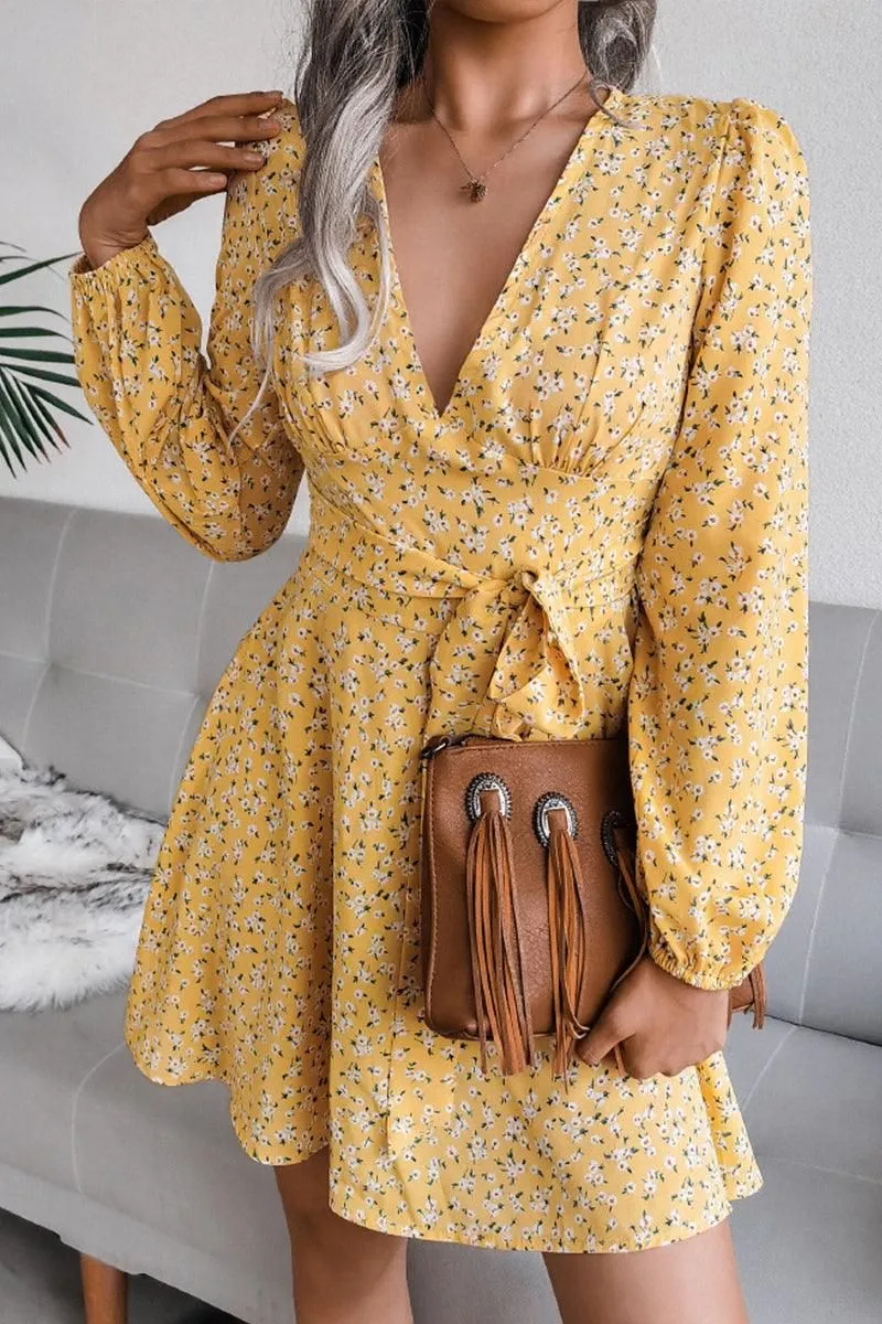 Natural Form V NECK LONG SLEEVE FLORAL CHIFFON DRESS