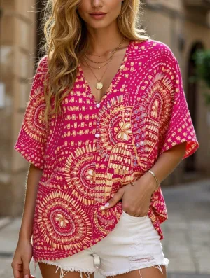 V-Neck Printed Resort-Style Bat-Sleeved Top ??Breezy & Chic Summer Essential LowMaintenance