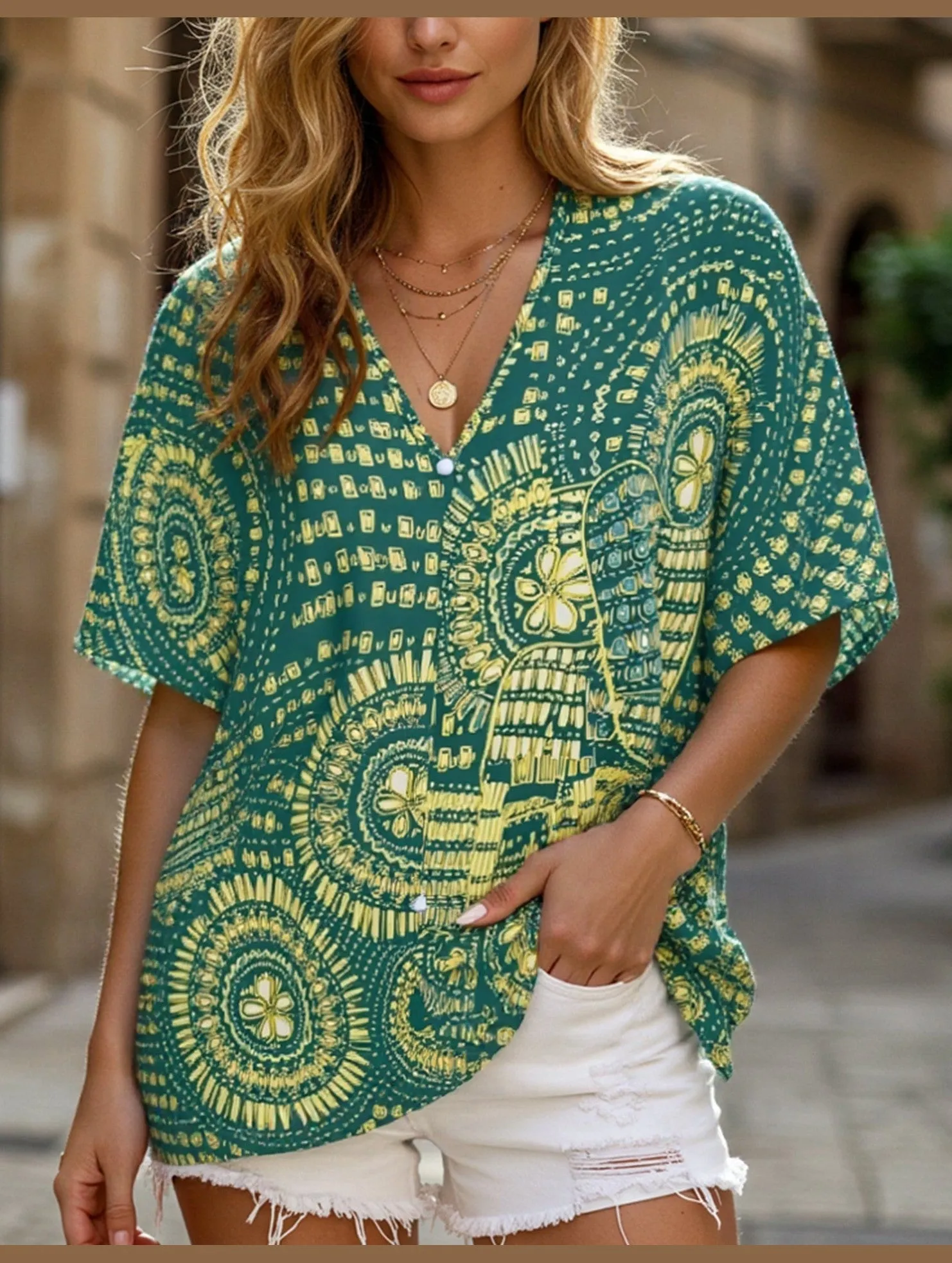 V-Neck Printed Resort-Style Bat-Sleeved Top ??Breezy & Chic Summer Essential Yarn Dye Stripe Snag Proof Weave