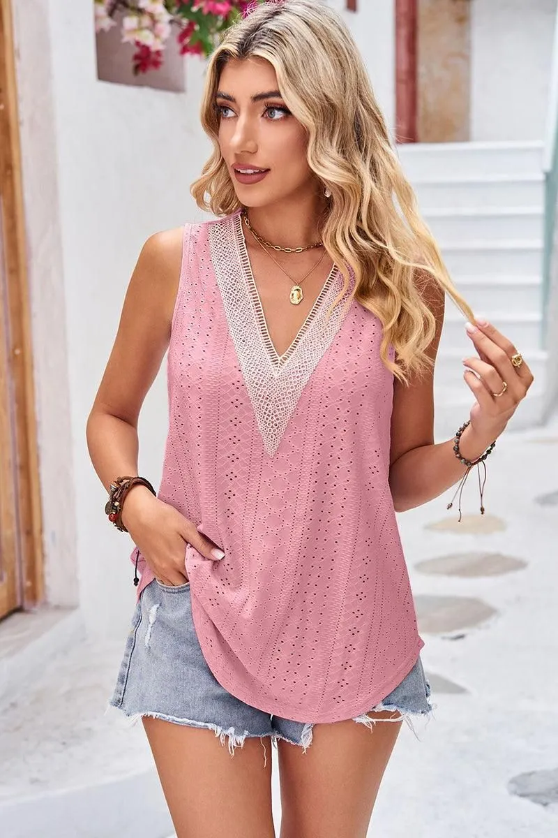 Antimicrobial Finish V NECK PUNCHING LACE LOOSE SLEEVELESS TUNIC TOP