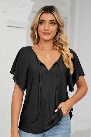 V NECK PUNCHING LACE UP RUFFLE LOOSE TOP AllClimateAdaptive