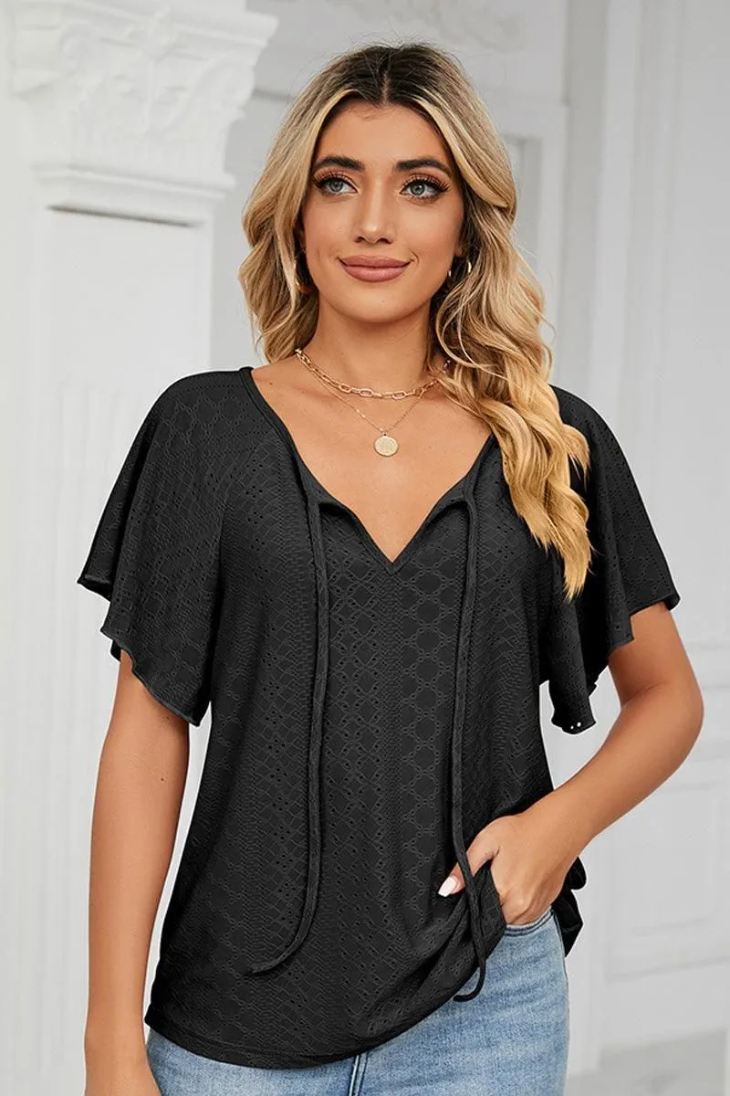 Flexible Waistband Adaptation V NECK PUNCHING LACE UP RUFFLE LOOSE TOP