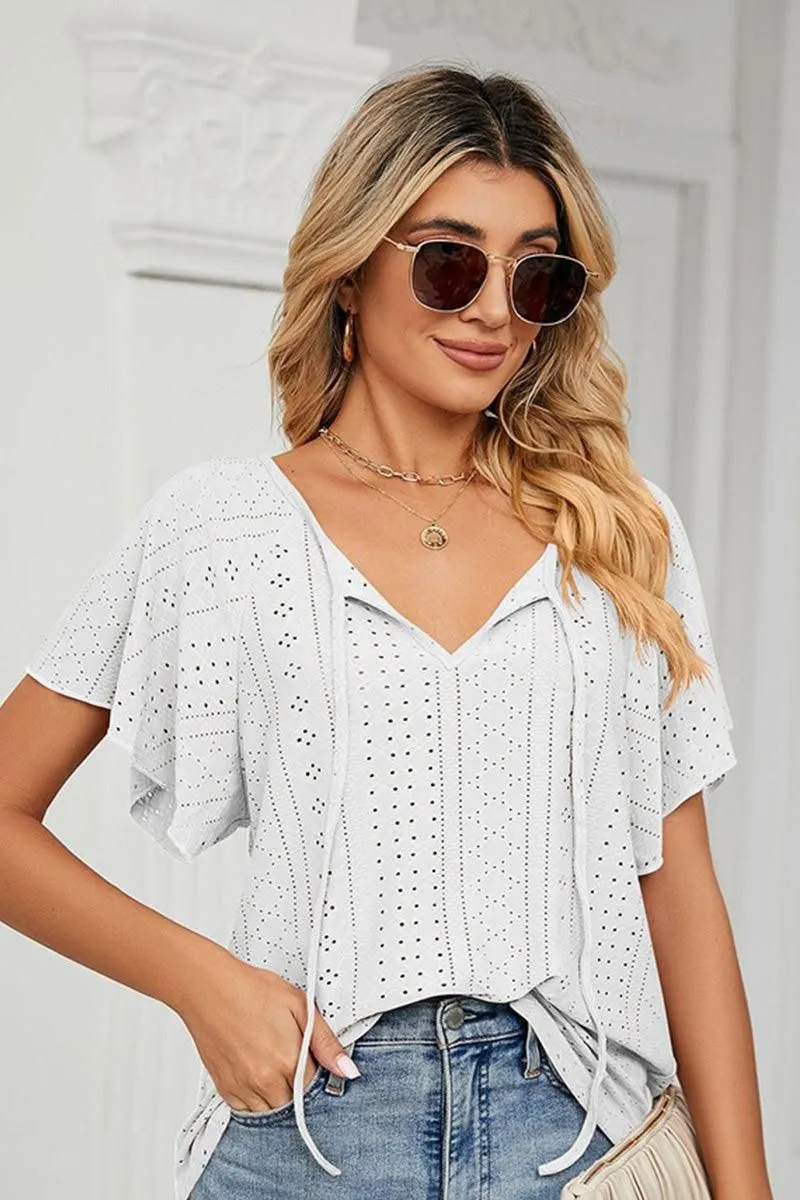 PunctureResistantReinforcement stain resistant coating V NECK PUNCHING LACE UP RUFFLE LOOSE TOP
