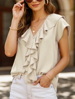 Everyday Look V-Neck Ruffled Loose Casual Shirt ??Effortless Chic for Everyday Wear