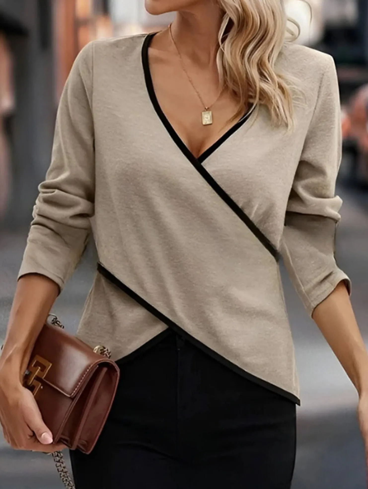V-neck solid color cross hem T-shirt Simple Pullover MoistureWickingTechnology