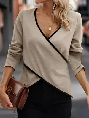 V-neck solid color cross hem T-shirt Simple Pullover MoistureWickingTechnology