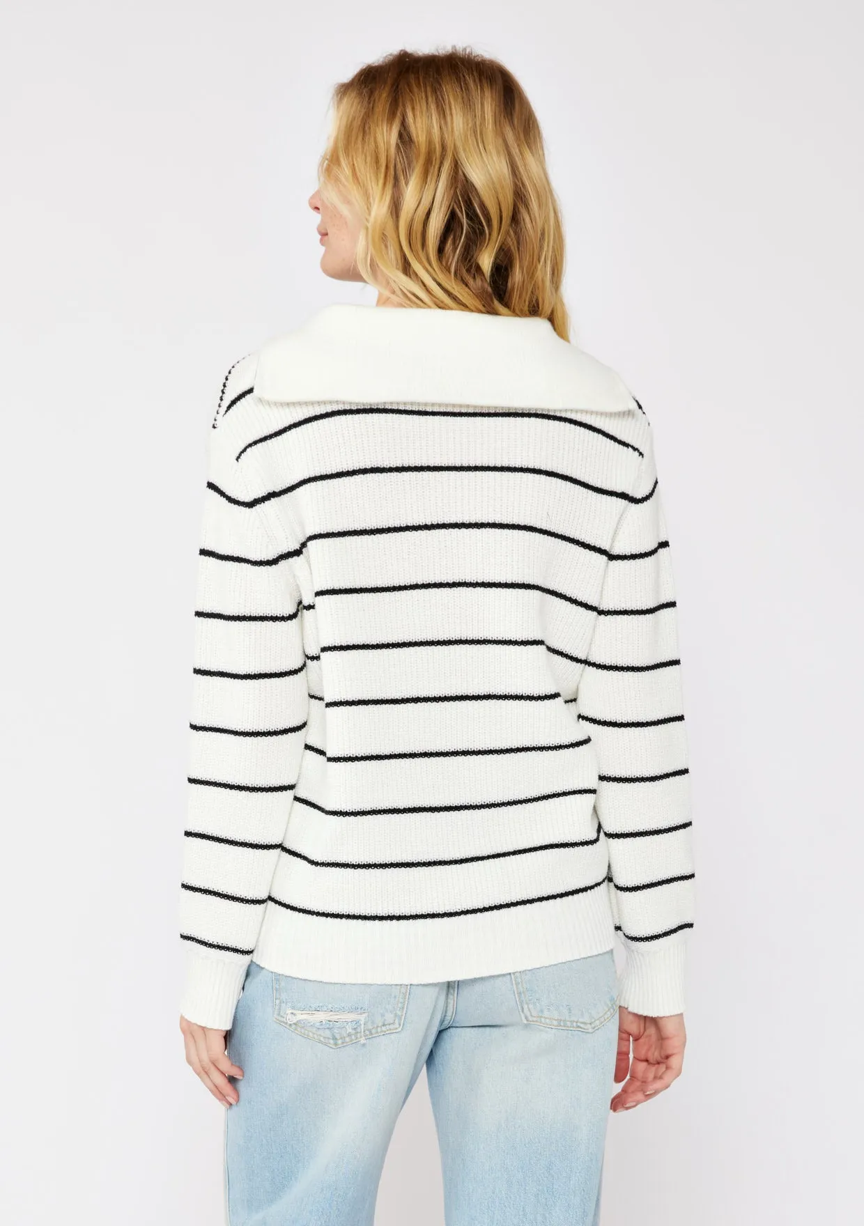 V-Neck Stripe Sweater with Zipper