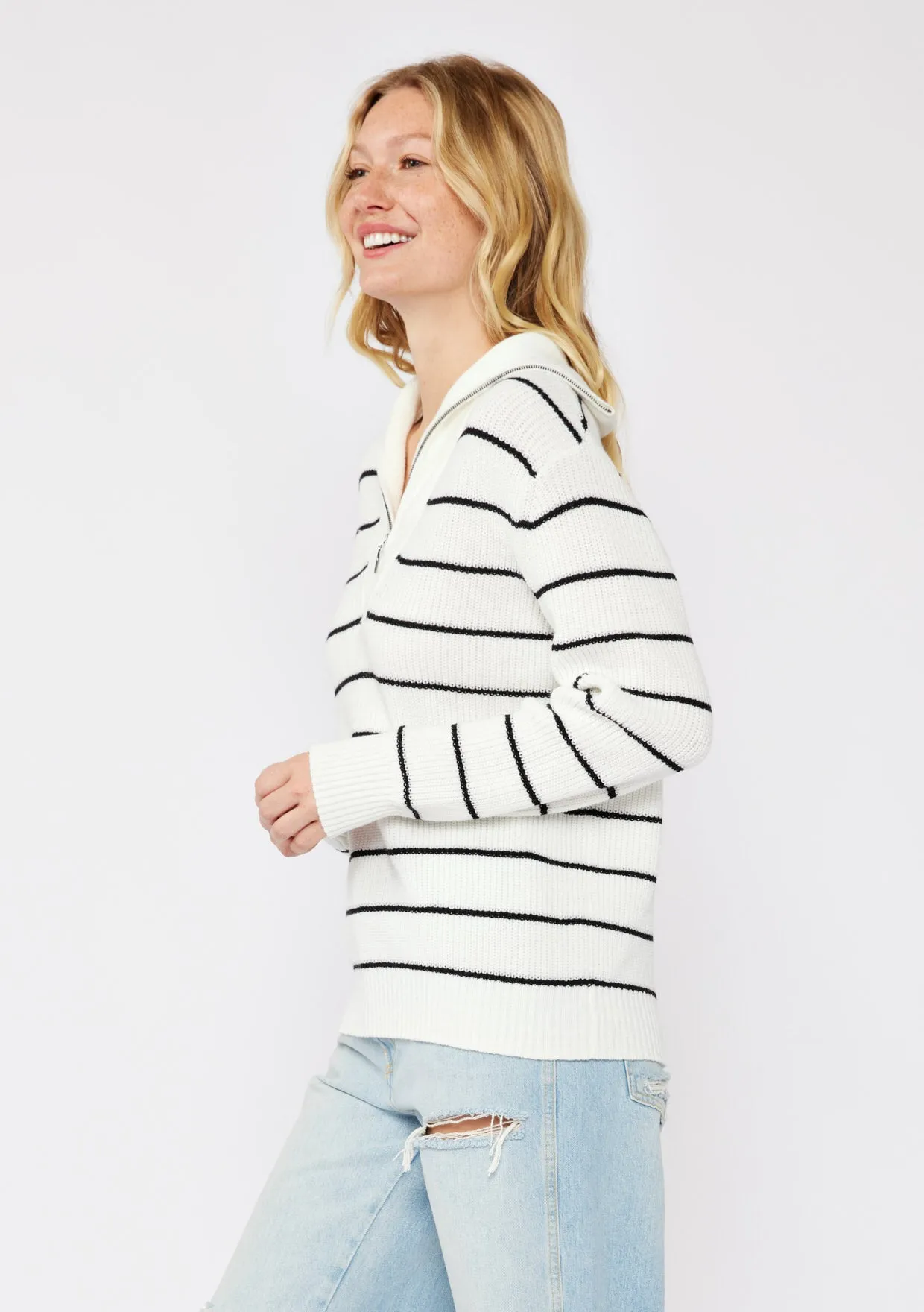 V-Neck Stripe Sweater with Zipper