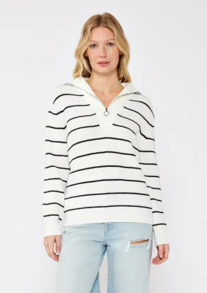 V-Neck Stripe Sweater with Zipper