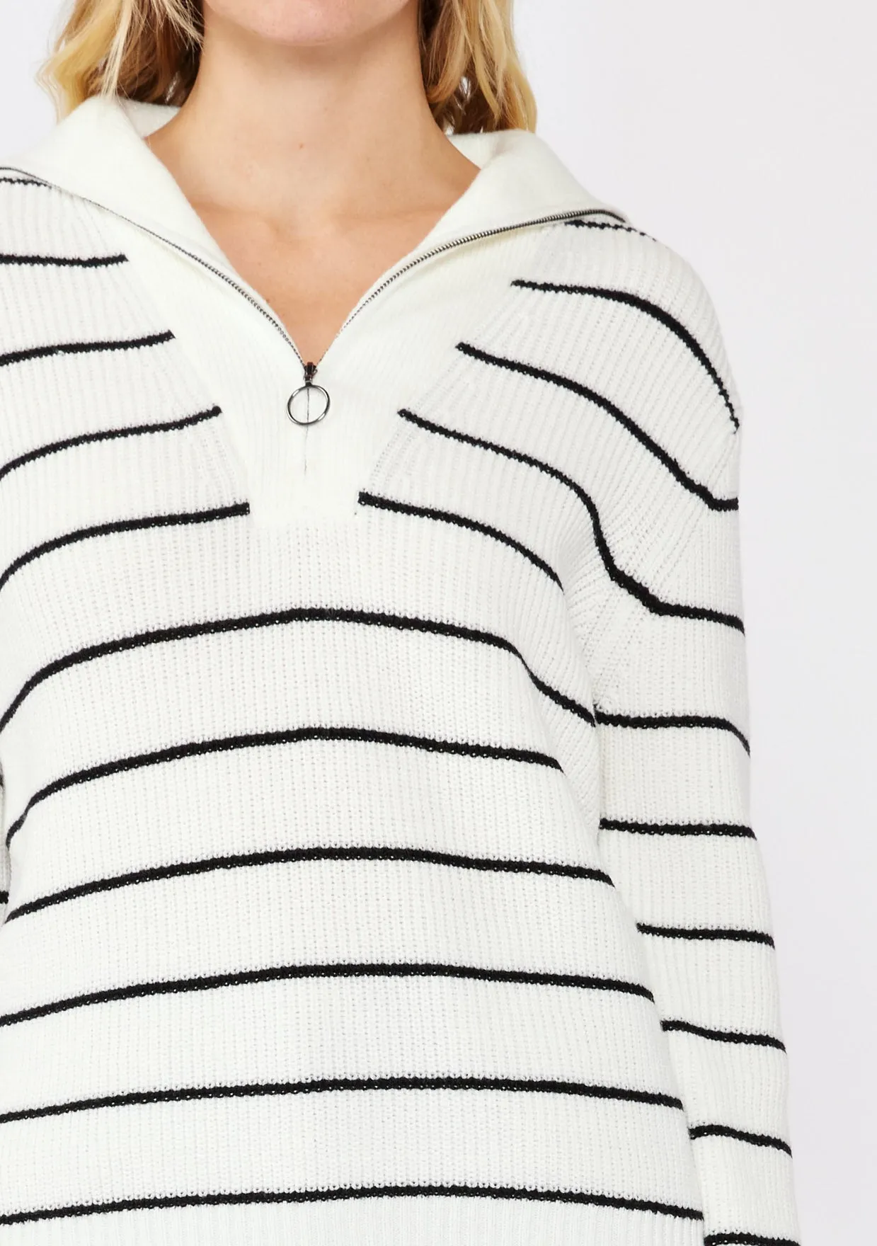 V-Neck Stripe Sweater with Zipper
