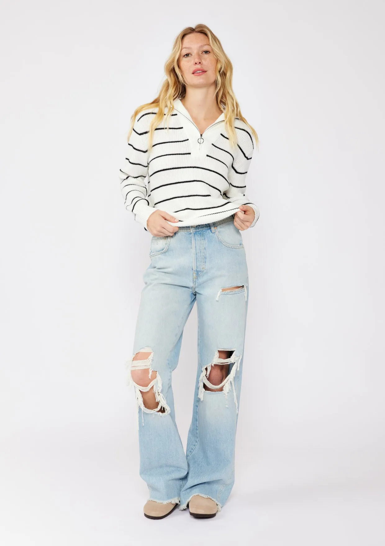 V-Neck Stripe Sweater with Zipper