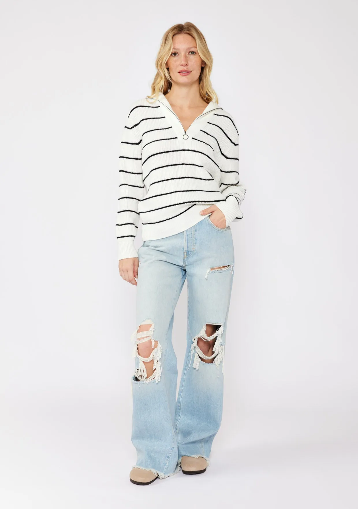 V-Neck Stripe Sweater with Zipper