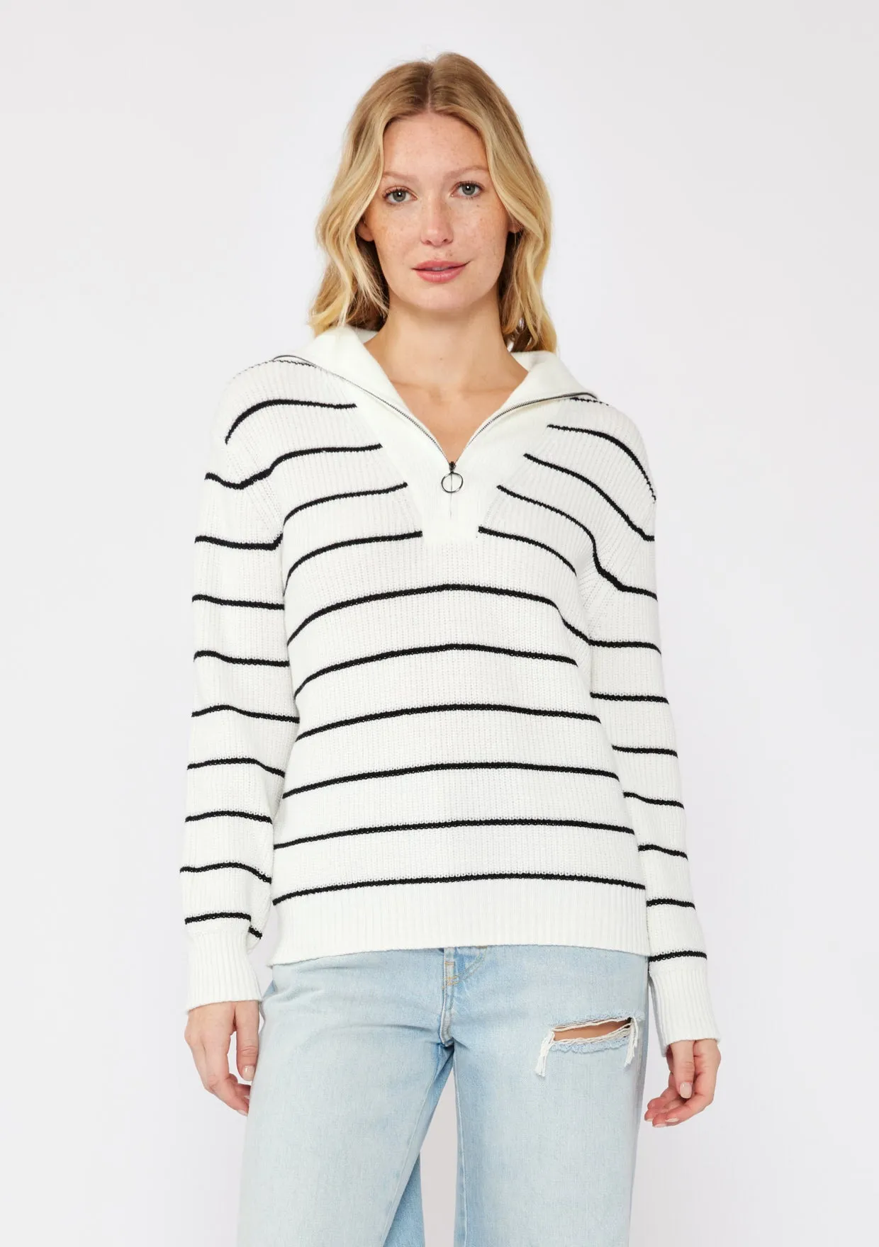 V-Neck Stripe Sweater with Zipper
