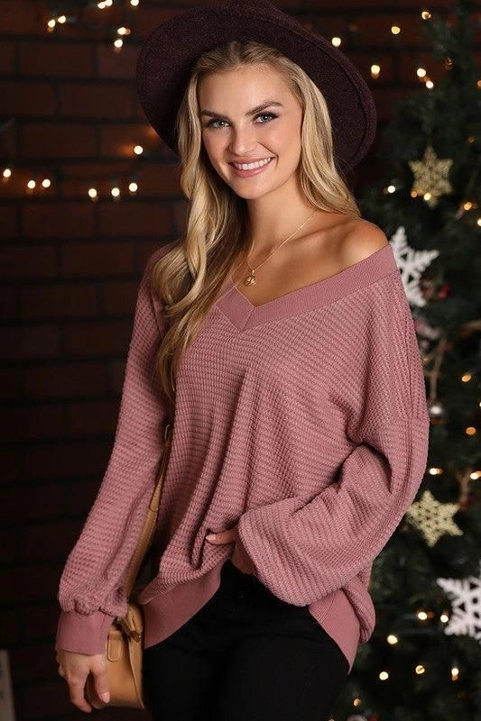 V NECK LONG SLEEVE WAFFLE KNIT TOP WrinkleResistant