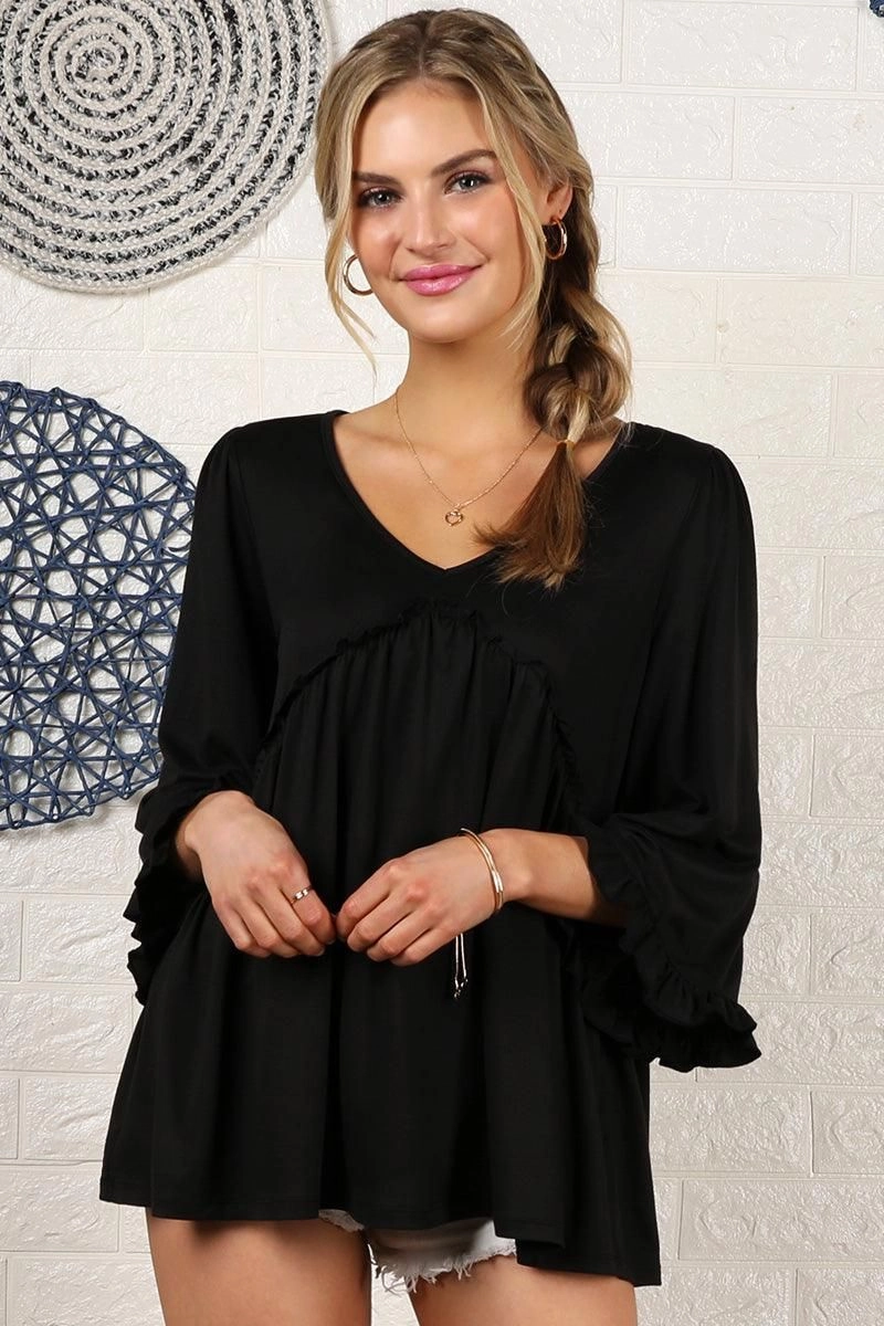 Sporty Style Fitted Blouse V- NECK WITH MINI RUFFLE DETAILED FLARE TOP