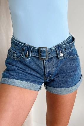 Valerie Low Rise Cuff Hem Cello Denim Shorts (Medium Denim) Sporty Comfort Stretch Panels