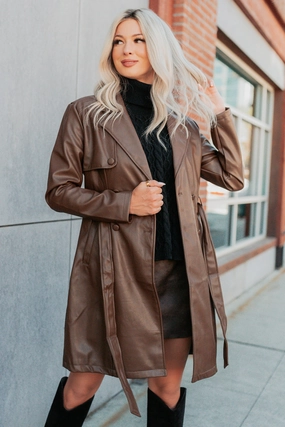 Likelihood Chill Factor Faux Leather Trench Coat (Brown)