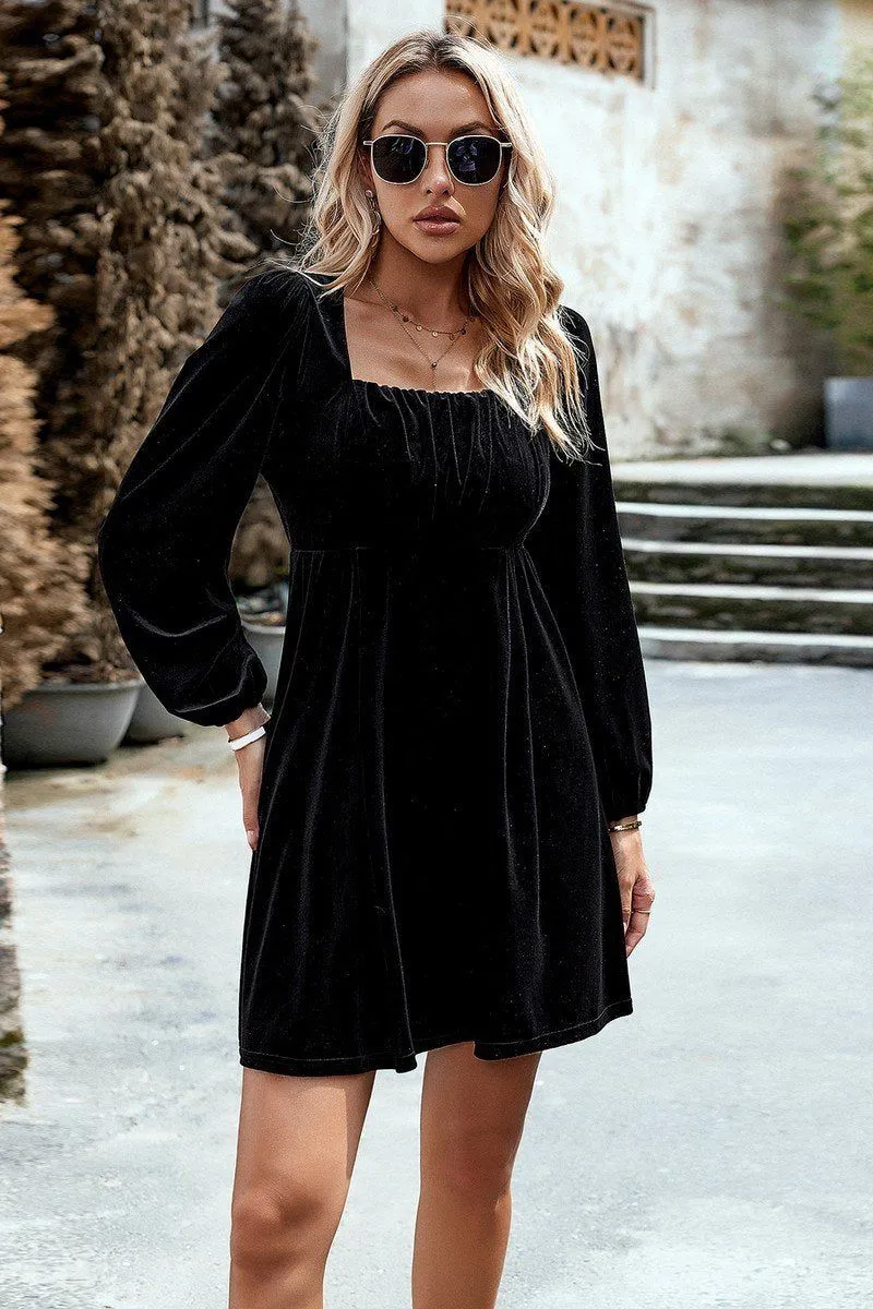 Chic Vibe VELVET SQUARE NECK FLUTTER PUFF SLEEVE DRESS