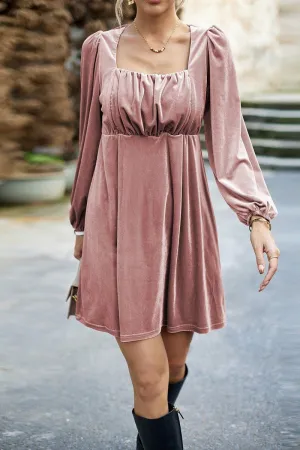 Modern Comfort Perfectly Fit Look VELVET SQUARE NECK FLUTTER PUFF SLEEVE DRESS